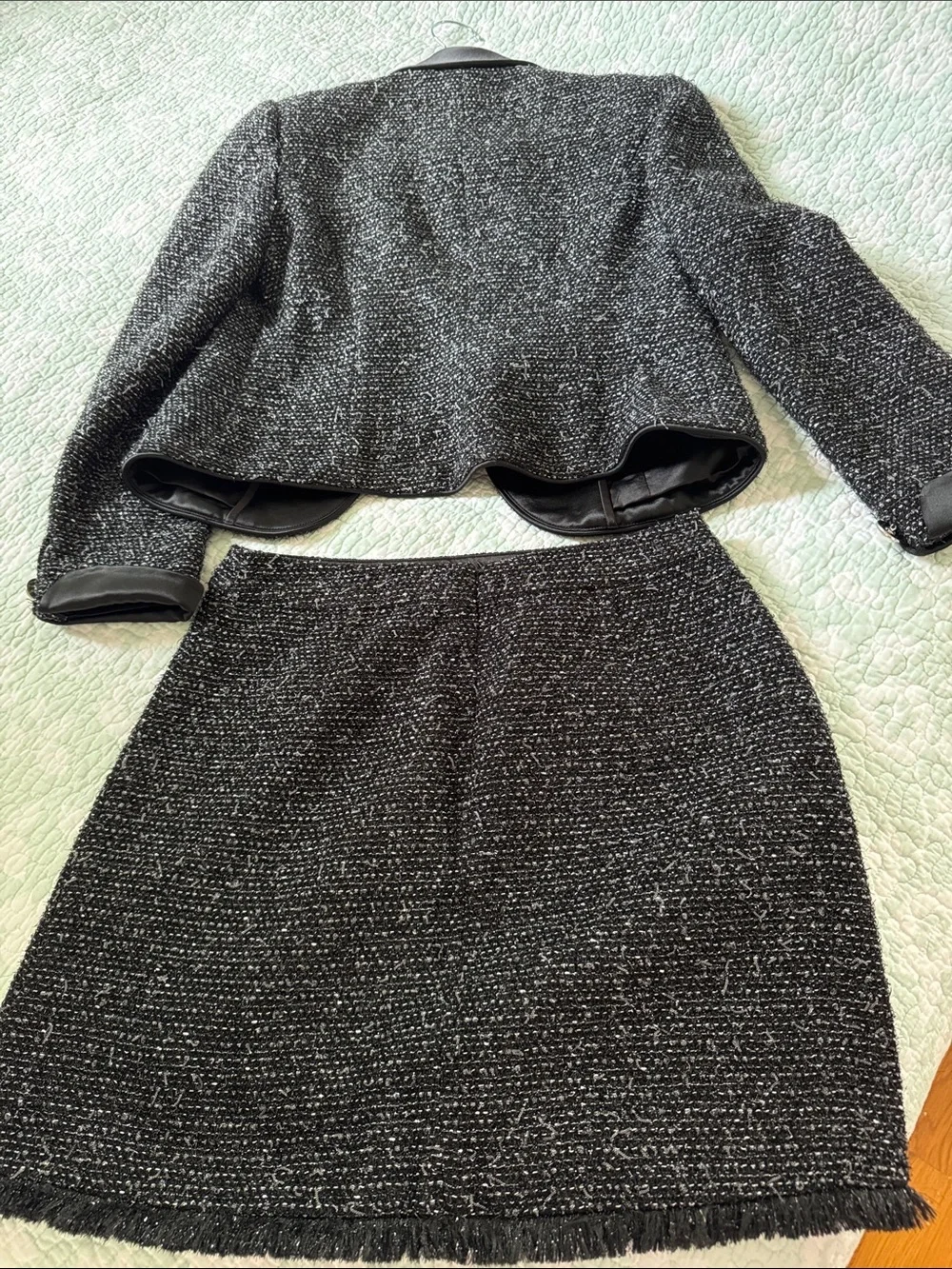 Women's Black Tweed Skirt Set with Satin Trim